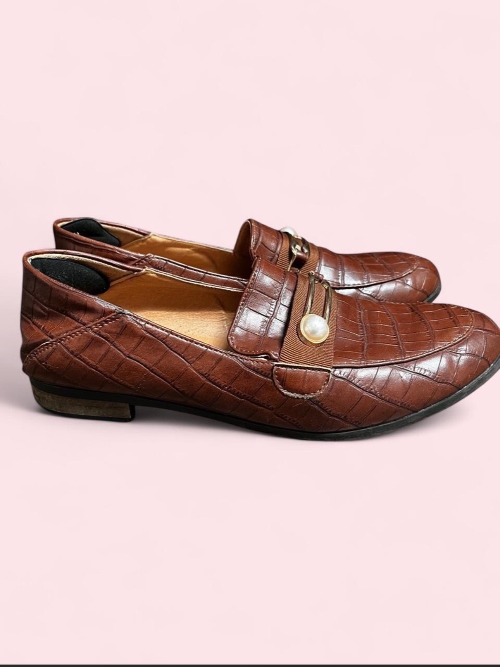 Brown Croc Embossed Pearl Detail Loafers